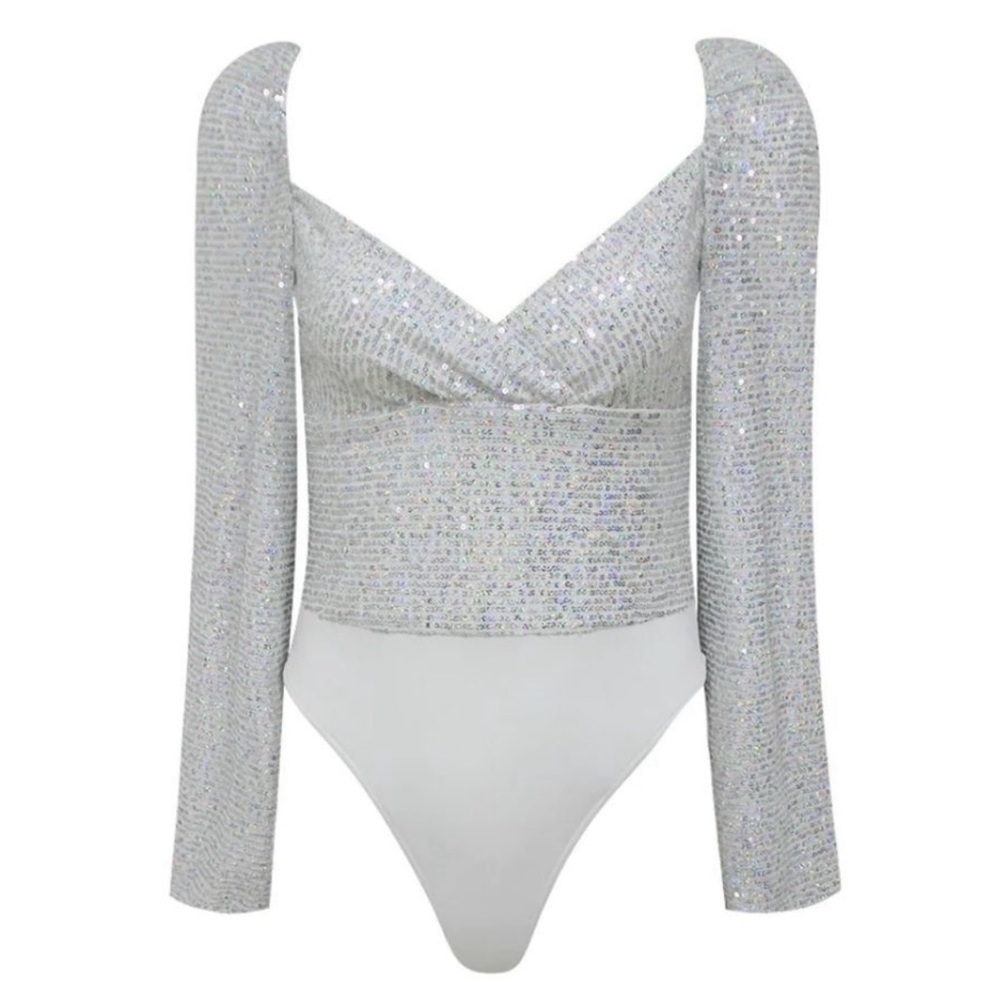 Bella Barnett Puff Sleeve Silver Sequin Bodysuit, Size L